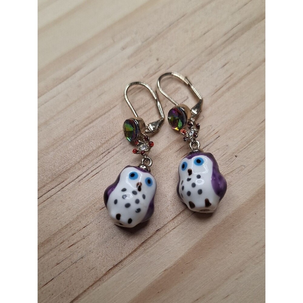 Cute White & Purple Owl Dangle Earrings with Multicolor Crystal